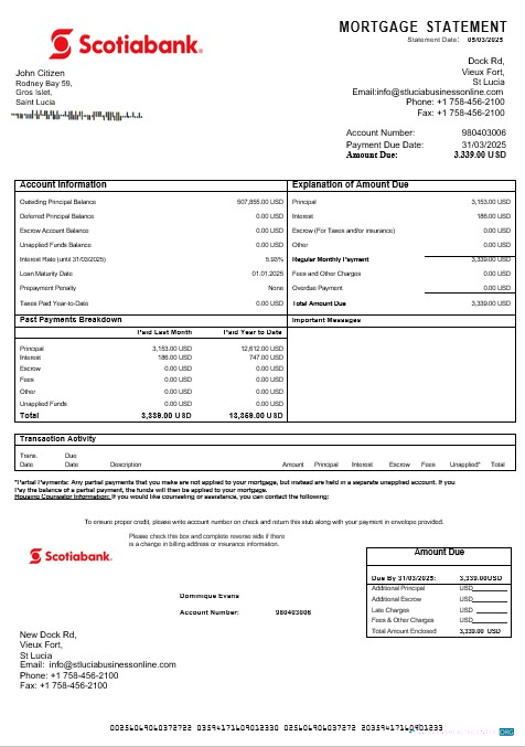 Download Saint Lucia Scotiabank mortgage statement in Word and PDF formats Photoshop template